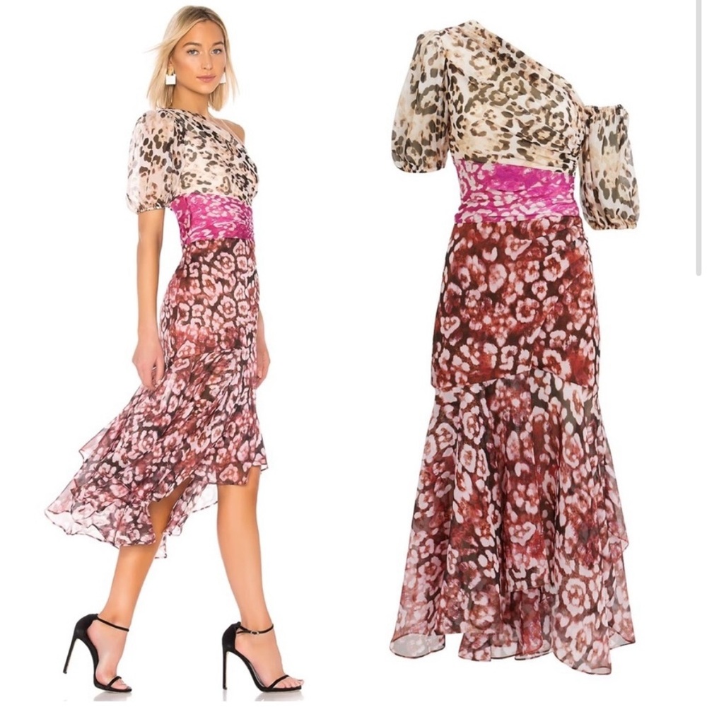 AMUR Jaylah Leopard Print One Shoulder Dress in Neutral Pink Rust